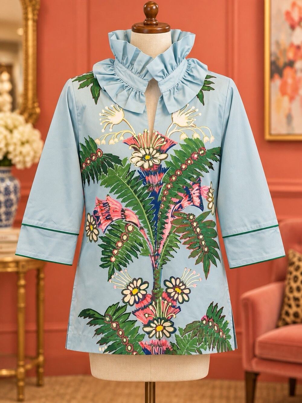 House of MBR Gracie HARPER Top Blue Palm NWT $238 00(XS)